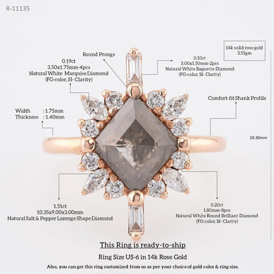Natural Salt and Pepper Lozenge shape diamond | Engagement ring - Rubysta