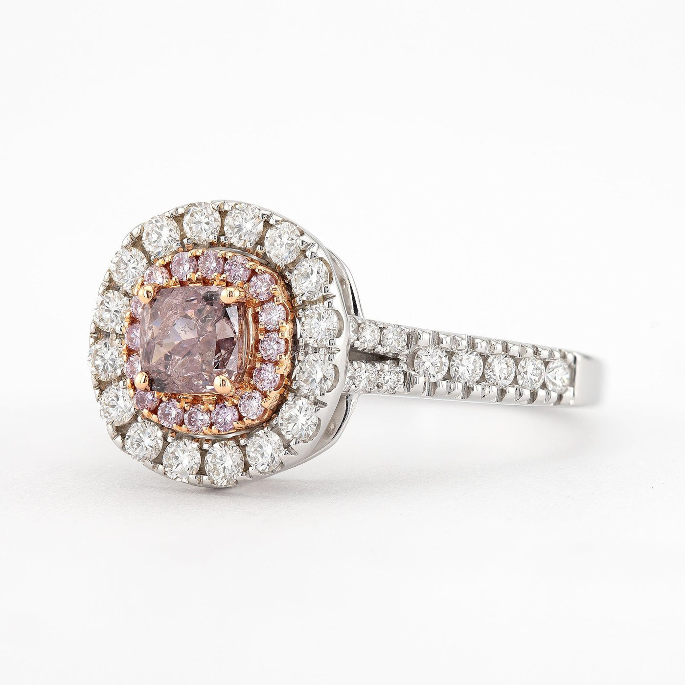 Vivid pink cushion cut engagement ring, Pink and white diamond ring