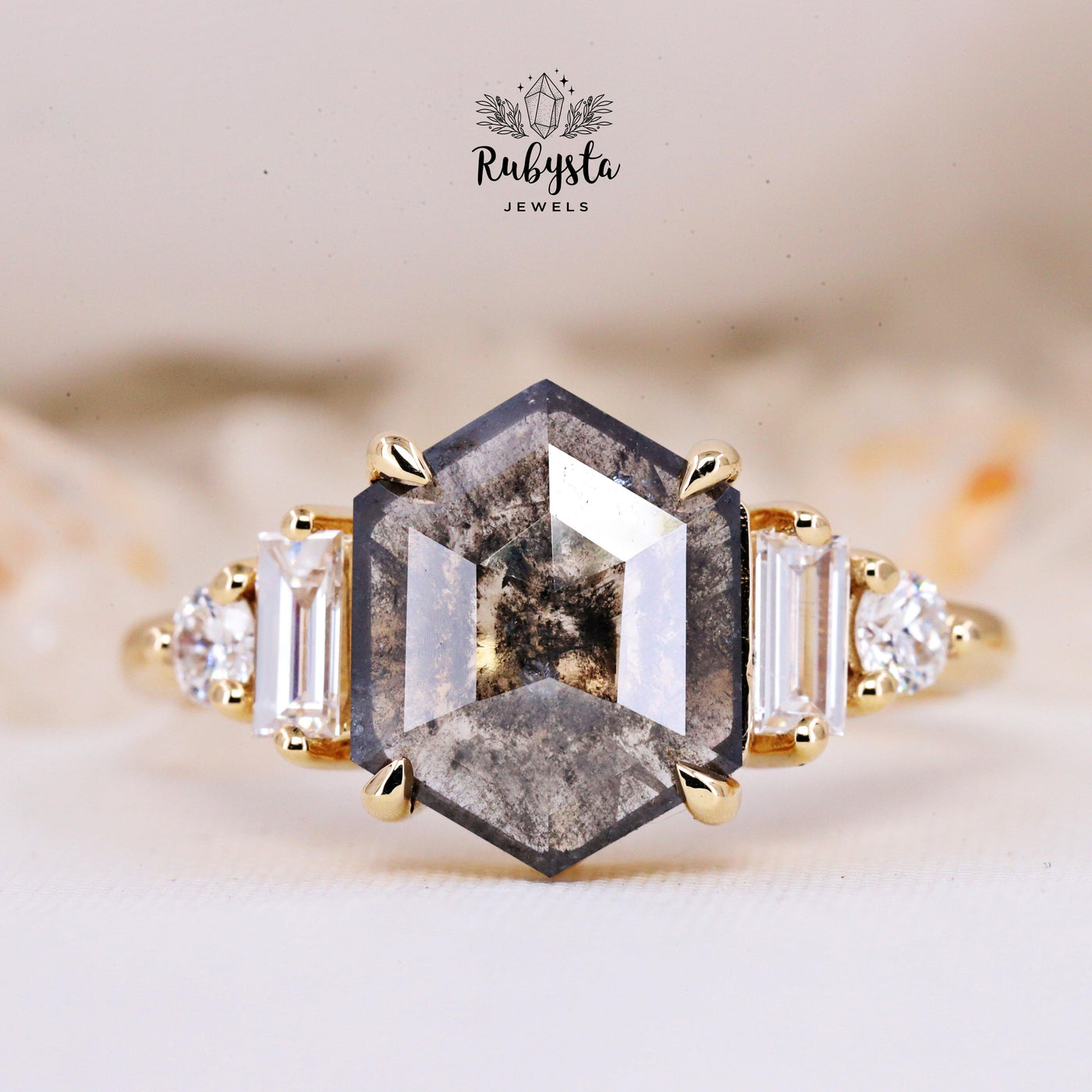 Salt and Pepper Diamond Ring | Engagement Ring | Hexagon Diamond Ring | Proposal Ring - Rubysta