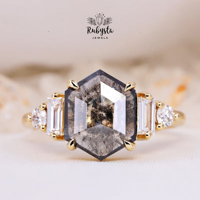 Salt and Pepper Diamond Ring | Engagement Ring | Hexagon Diamond Ring | Proposal Ring - Rubysta