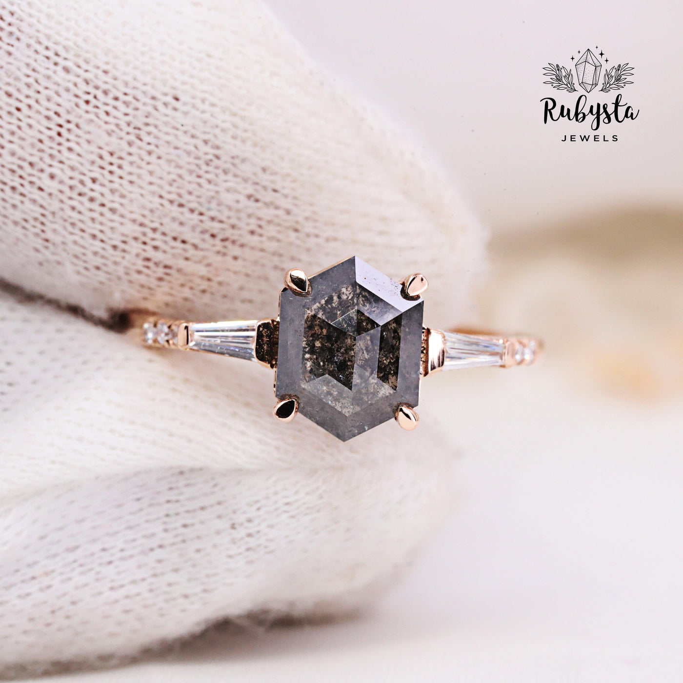 Salt and Pepper Diamond Ring | Engagement Ring | Hexagon Diamond Ring