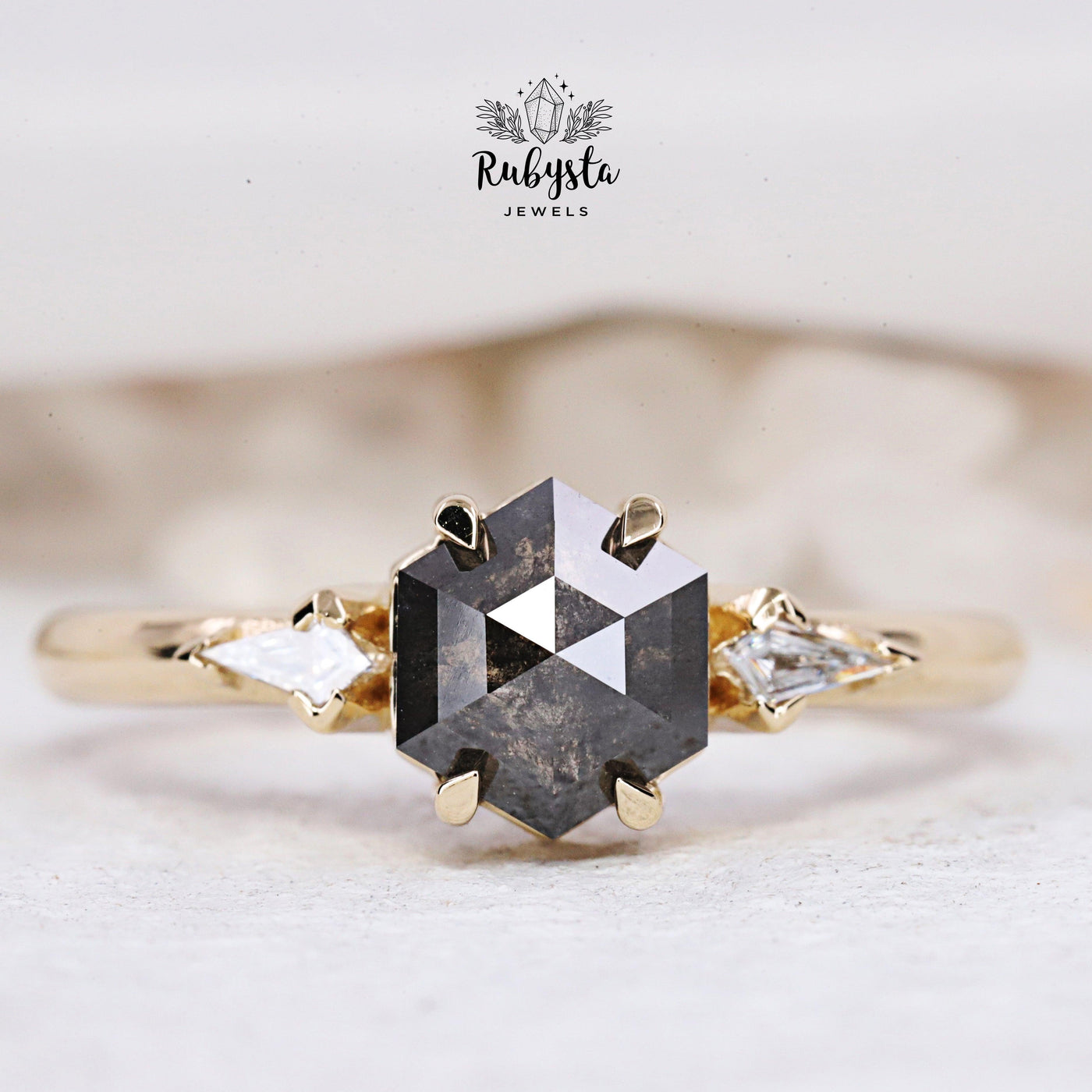 Salt and Pepper Diamond Ring | Engagement Ring | Hexagon Diamond Ring