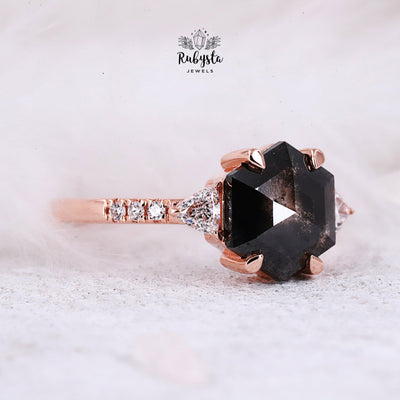 Salt and pepper diamond ring | Hexagon Salt and Pepper Diamond Engagement Ring - Rubysta