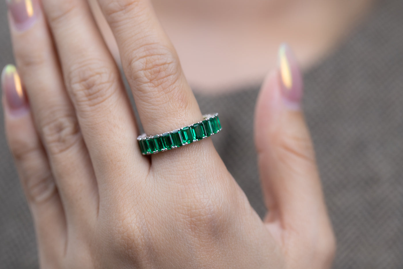 6.00 CT Lab Grown Emerald Eternity Band | Round Prong Setting | Emerald Cut Stones