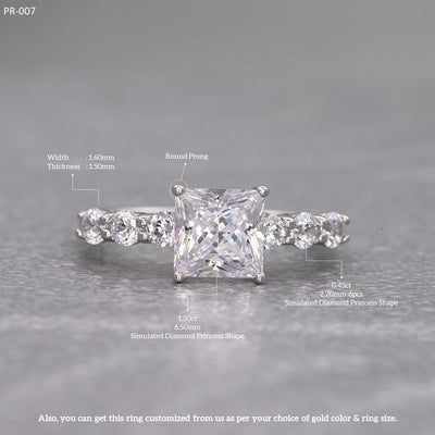 1.50ct Princess Cut Simulated Diamond Engagement Ring | Round Prong Side Stone Ring | Custom Gold Options
