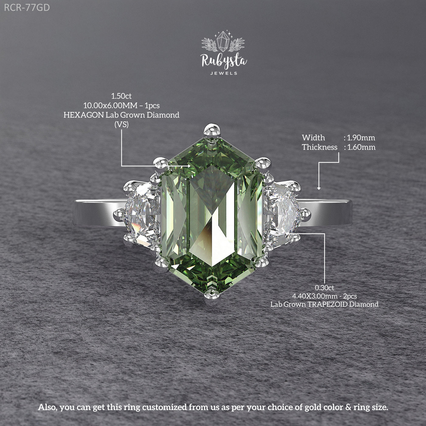Green Hexagon Lab-Grown Diamond Three-Stone Engagement Ring