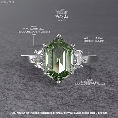 Green Hexagon Lab-Grown Diamond Three-Stone Engagement Ring