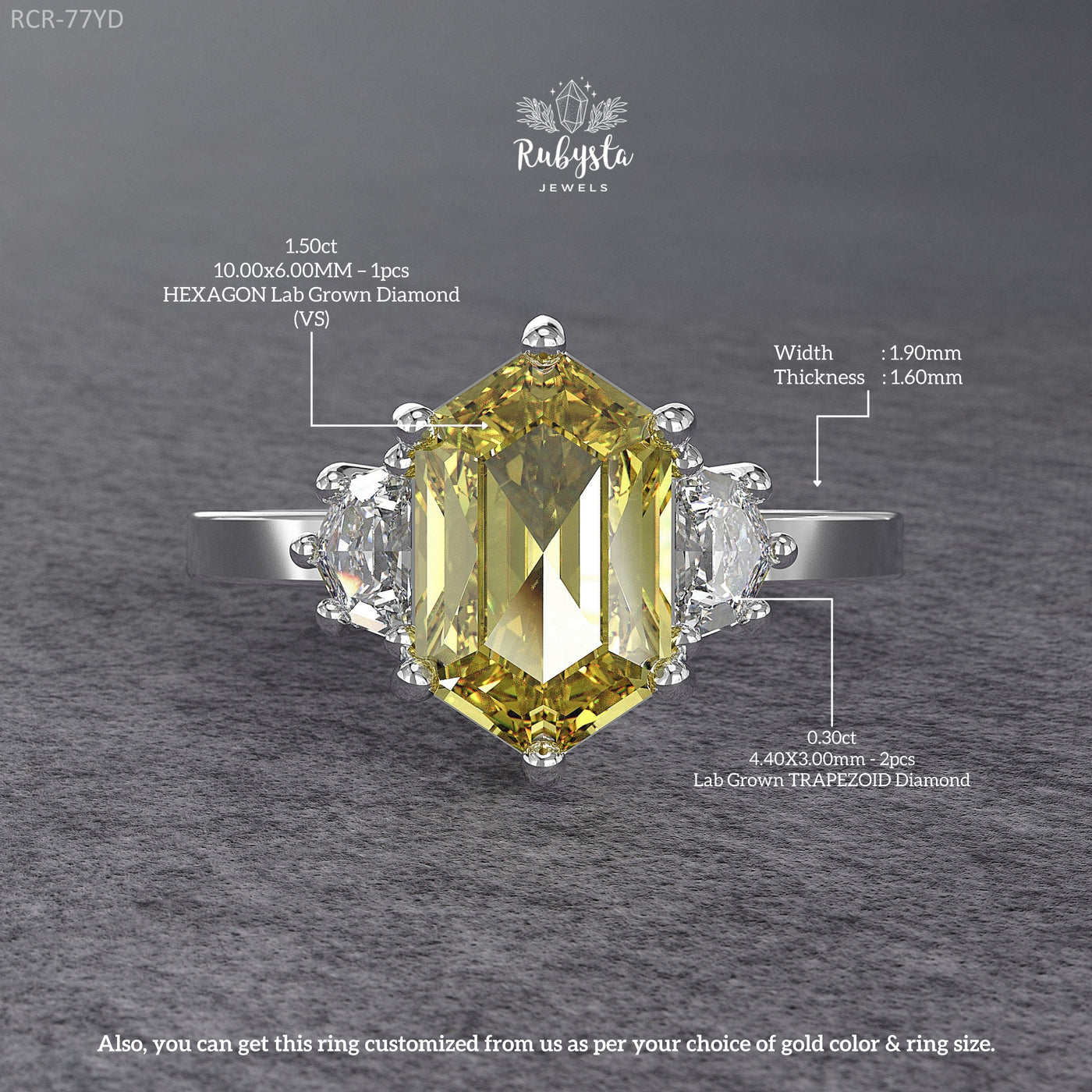 Hexagon Yellow Lab Diamond Three-Stone Engagement Ring