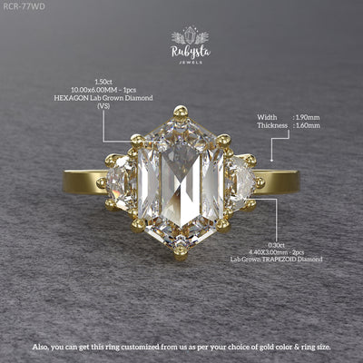 Hexagon Three-Stone Lab Diamond Engagement Ring in Yellow Gold