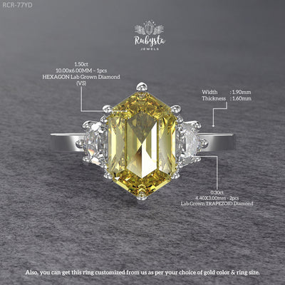 Hexagon Yellow Lab Diamond Three-Stone Engagement Ring