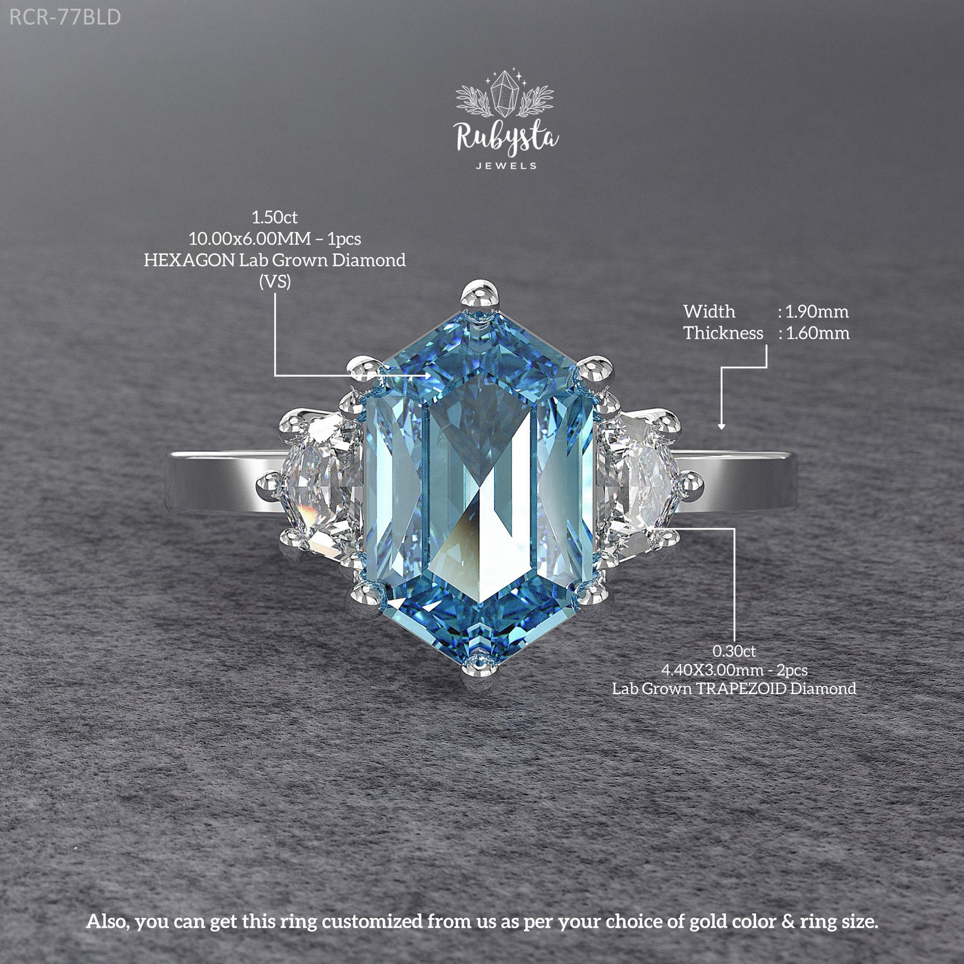 Hexagon Blue Lab-Grown Diamond Three-Stone Engagement Ring