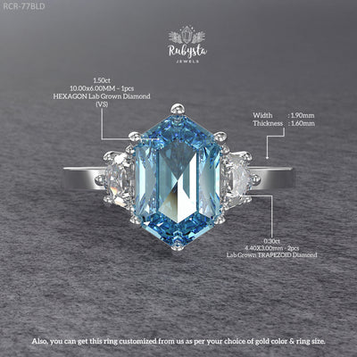 Hexagon Blue Lab-Grown Diamond Three-Stone Engagement Ring