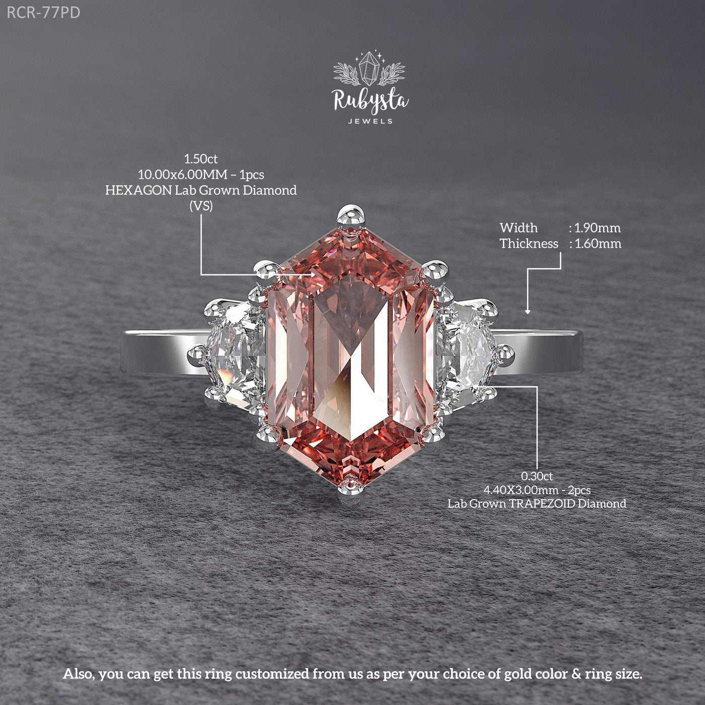 Hexagon Peach-Pink Lab Diamond Three-Stone Engagement Ring
