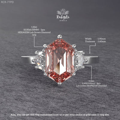 Hexagon Peach-Pink Lab Diamond Three-Stone Engagement Ring