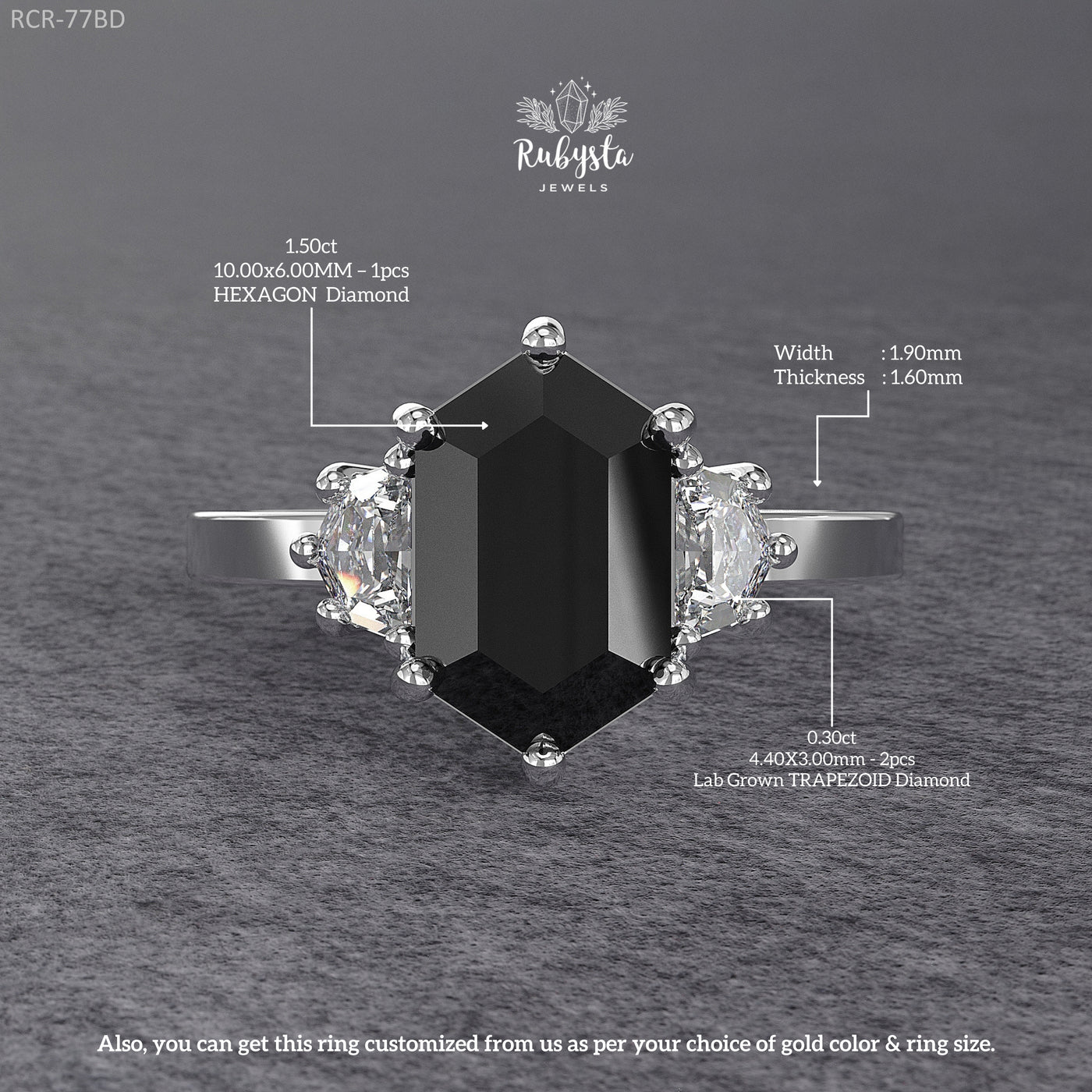 Hexagon Black Diamond Three-Stone Engagement Ring