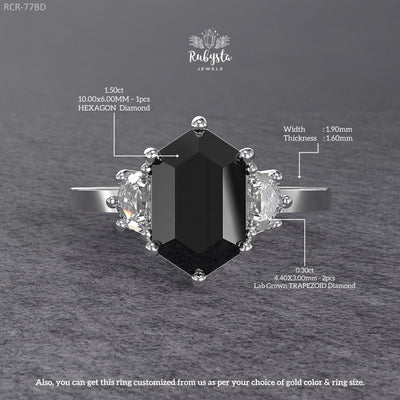 Hexagon Black Diamond Three-Stone Engagement Ring