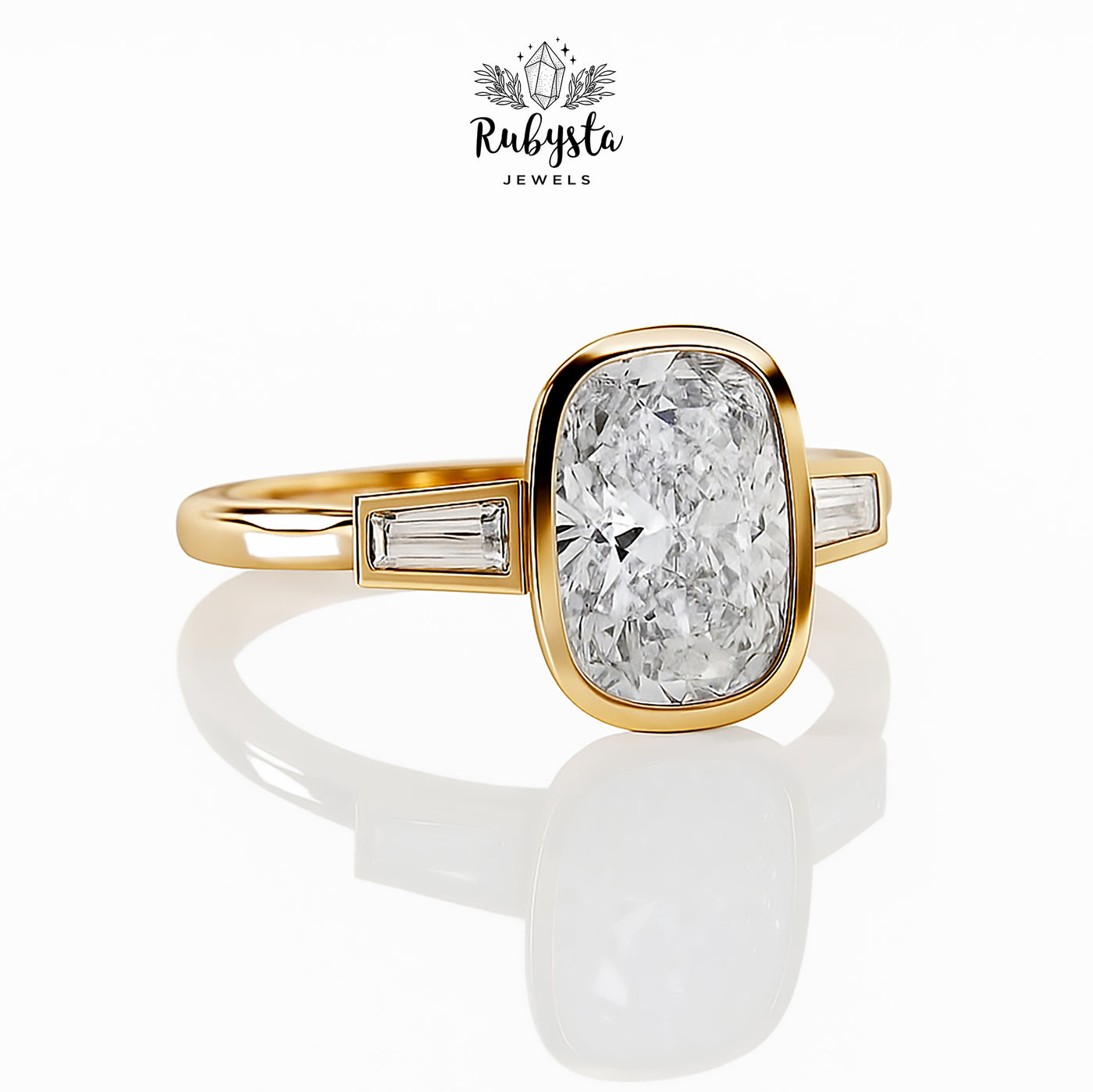 2.00ct Cushion Diamond Bezel Set Ring | Rose Gold Tapered Baguette Engagement Ring | Modern Minimalist Bridal Ring | Custom Fine Jewelry