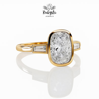 2.00ct Cushion Diamond Bezel Set Ring | Rose Gold Tapered Baguette Engagement Ring | Modern Minimalist Bridal Ring | Custom Fine Jewelry