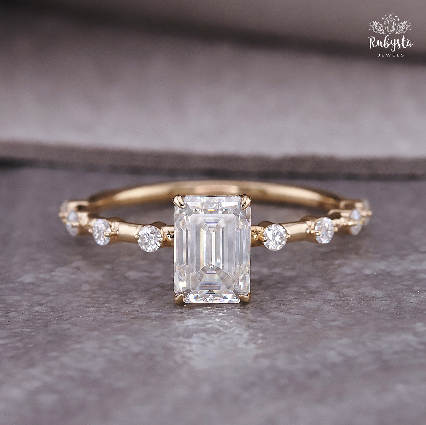 1.00ct Emerald Cut Moissanite Engagement Ring | Claw Prong Setting with Round Moissanite Accents
