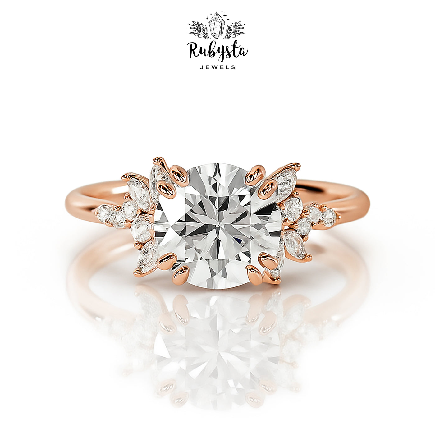2.02ct Round Diamond Ring with Marquise Accents & Round Prong Setting in Rose Gold – Custom Engagement Ring
