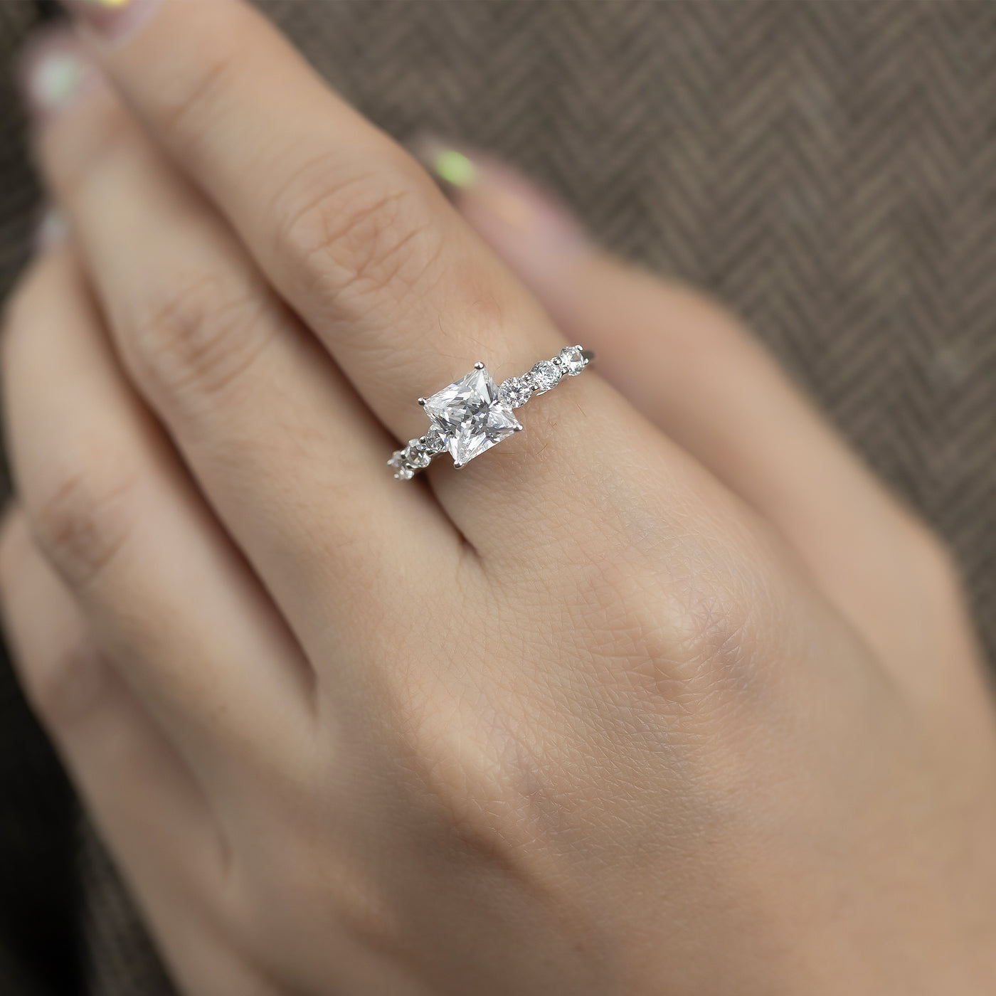 1.50ct Princess Cut Simulated Diamond Engagement Ring | Round Prong Side Stone Ring | Custom Gold Options