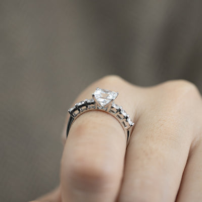 1.50ct Princess Cut Simulated Diamond Engagement Ring | Round Prong Side Stone Ring | Custom Gold Options