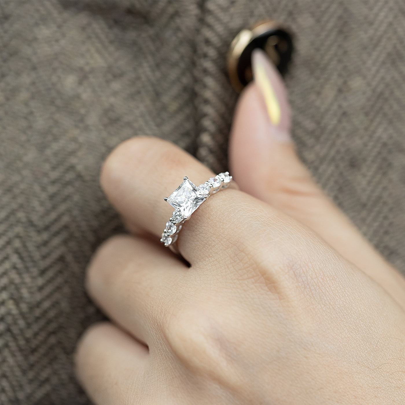 1.50ct Princess Cut Simulated Diamond Engagement Ring | Round Prong Side Stone Ring | Custom Gold Options