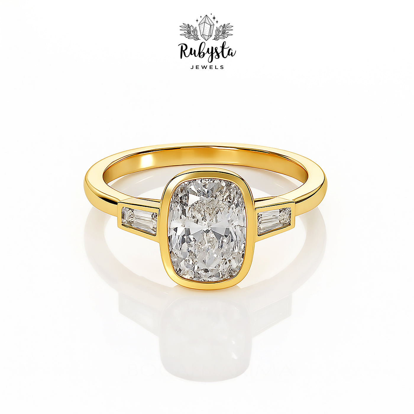 2.00ct Cushion Diamond Bezel Set Ring | Rose Gold Tapered Baguette Engagement Ring | Modern Minimalist Bridal Ring | Custom Fine Jewelry
