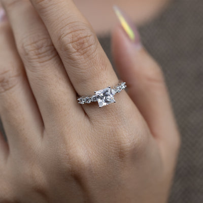 1.50ct Princess Cut Simulated Diamond Engagement Ring | Round Prong Side Stone Ring | Custom Gold Options