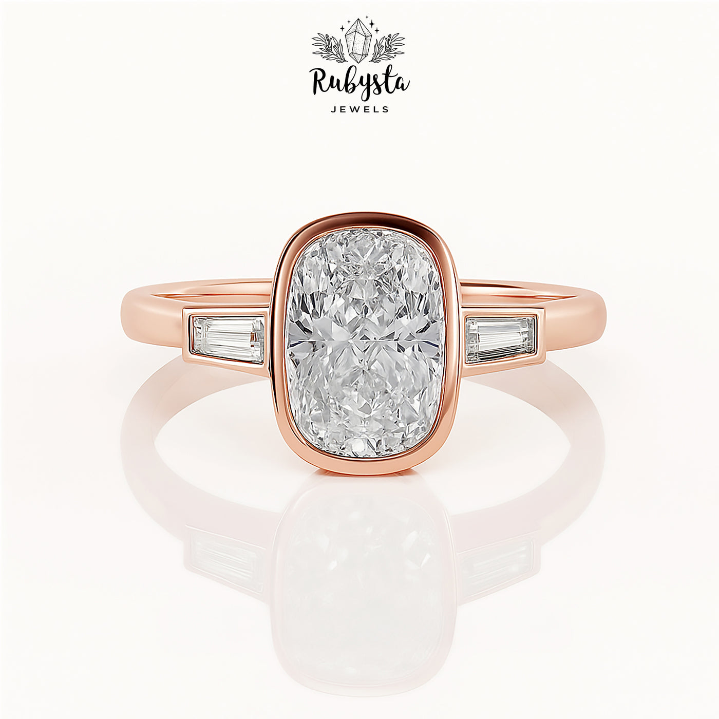 2.00ct Cushion Diamond Bezel Set Ring | Rose Gold Tapered Baguette Engagement Ring | Modern Minimalist Bridal Ring | Custom Fine Jewelry