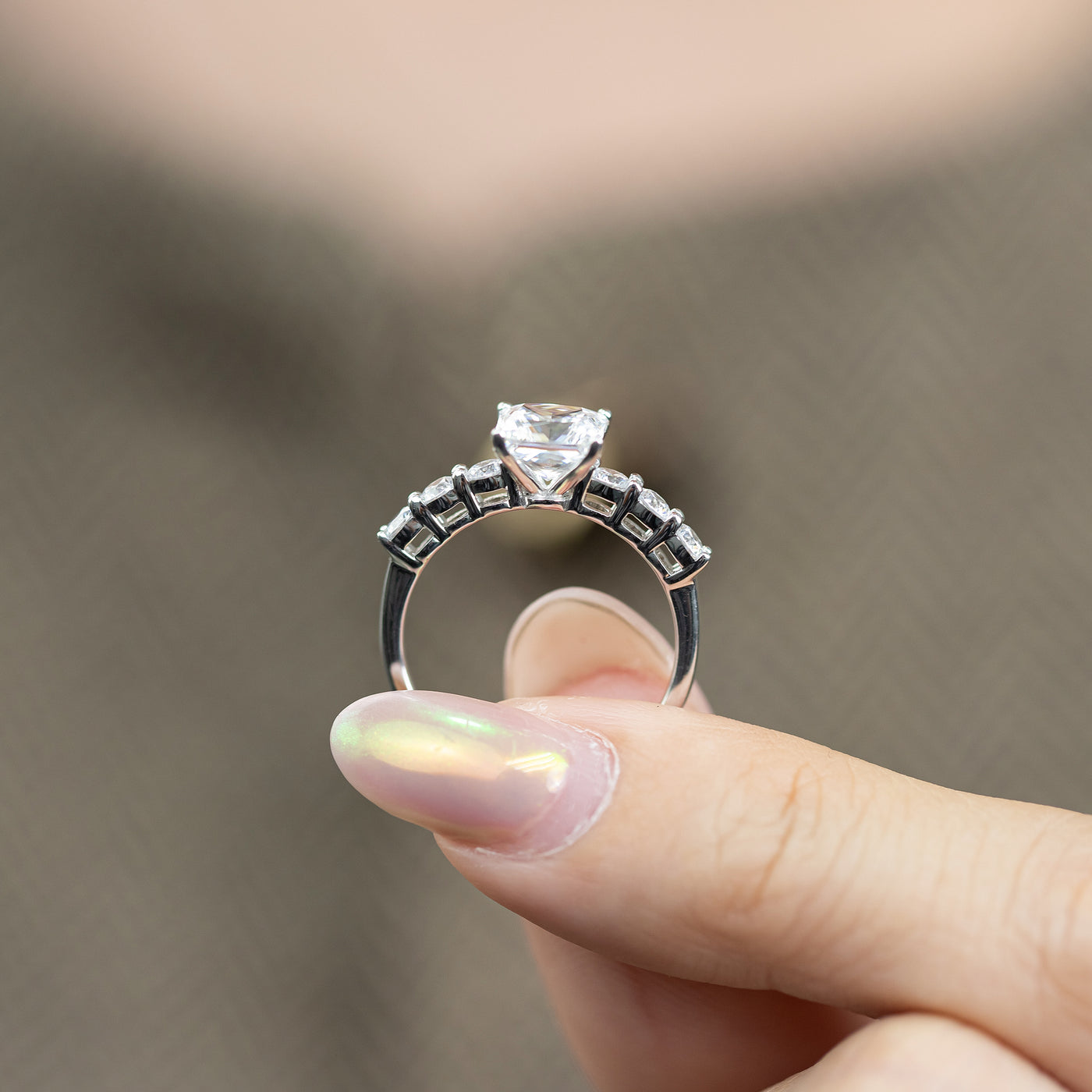 1.50ct Princess Cut Simulated Diamond Engagement Ring | Round Prong Side Stone Ring | Custom Gold Options