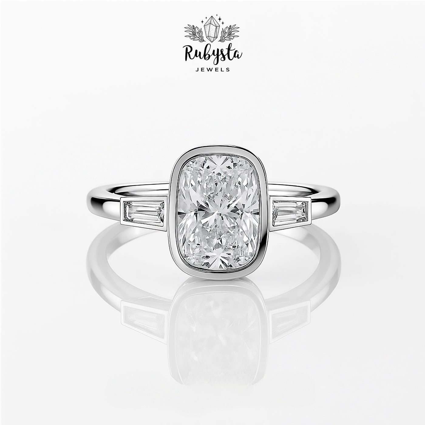 2.00ct Cushion Diamond Bezel Set Ring | Rose Gold Tapered Baguette Engagement Ring | Modern Minimalist Bridal Ring | Custom Fine Jewelry