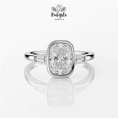 2.00ct Cushion Diamond Bezel Set Ring | Rose Gold Tapered Baguette Engagement Ring | Modern Minimalist Bridal Ring | Custom Fine Jewelry