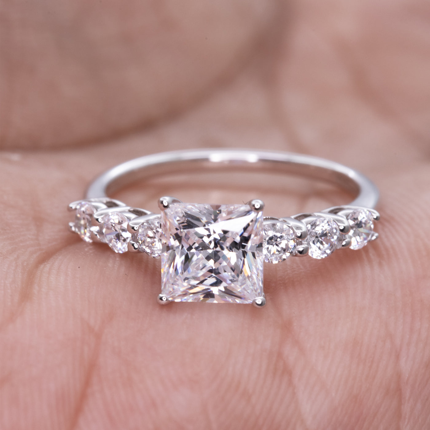 1.50ct Princess Cut Simulated Diamond Engagement Ring | Round Prong Side Stone Ring | Custom Gold Options