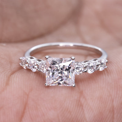 1.50ct Princess Cut Simulated Diamond Engagement Ring | Round Prong Side Stone Ring | Custom Gold Options