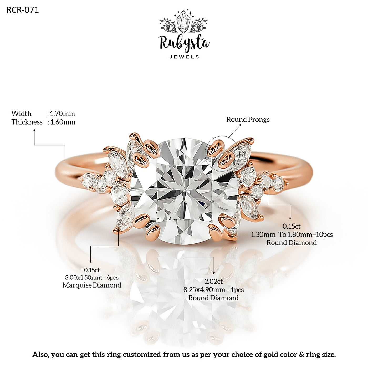 2.02ct Round Diamond Ring with Marquise Accents & Round Prong Setting in Rose Gold – Custom Engagement Ring