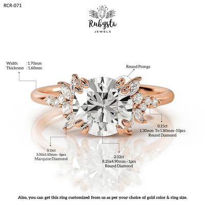 2.02ct Round Diamond Ring with Marquise Accents & Round Prong Setting in Rose Gold – Custom Engagement Ring
