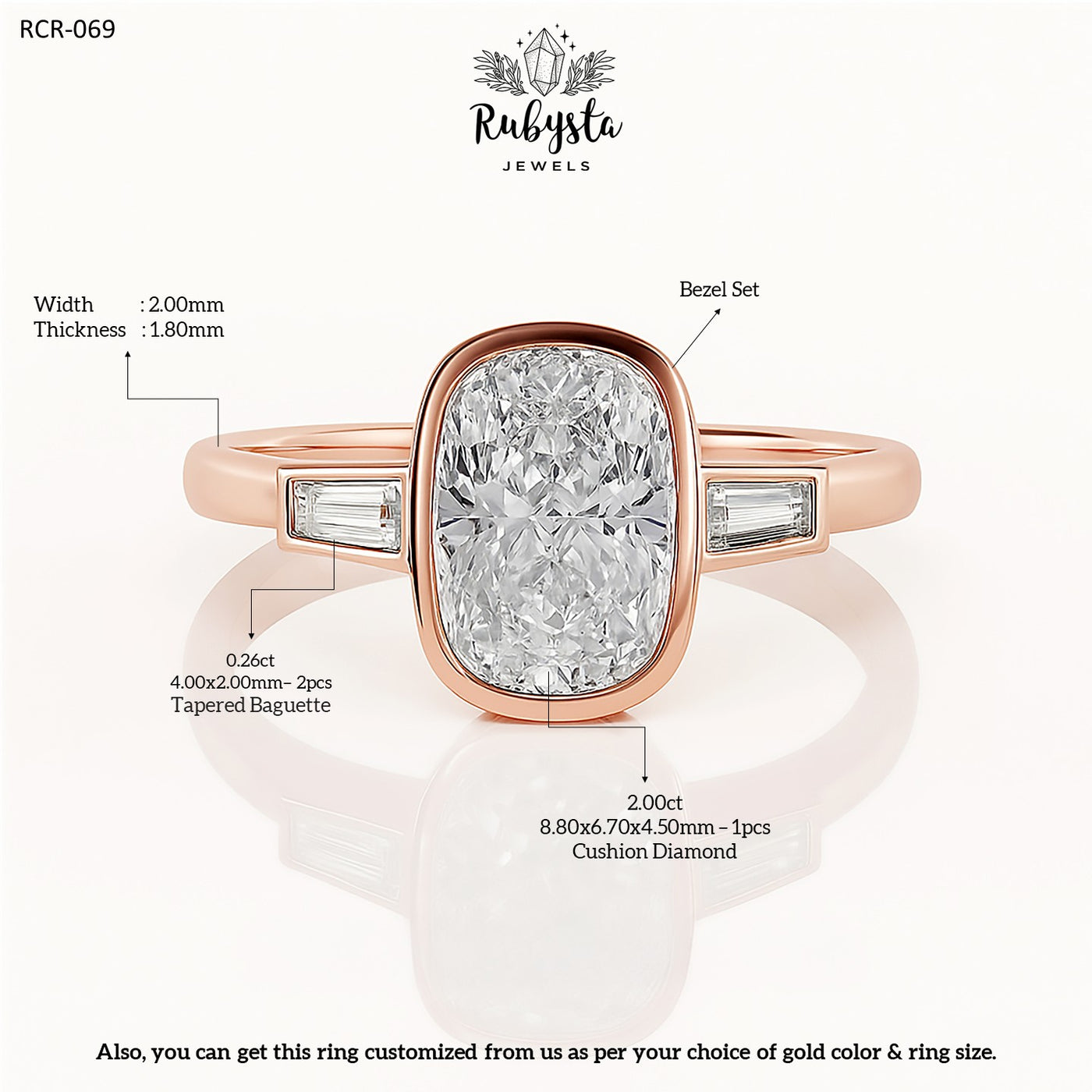 2.00ct Cushion Diamond Bezel Set Ring | Rose Gold Tapered Baguette Engagement Ring | Modern Minimalist Bridal Ring | Custom Fine Jewelry