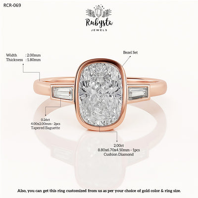 2.00ct Cushion Diamond Bezel Set Ring | Rose Gold Tapered Baguette Engagement Ring | Modern Minimalist Bridal Ring | Custom Fine Jewelry