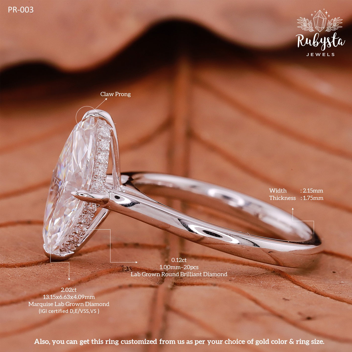2.02ct Marquise Lab Grown Diamond Ring | IGI Certified D,E/VSS,VS | Claw Prong Setting | Accent Diamond Band | Ethical Gold Engagement Ring