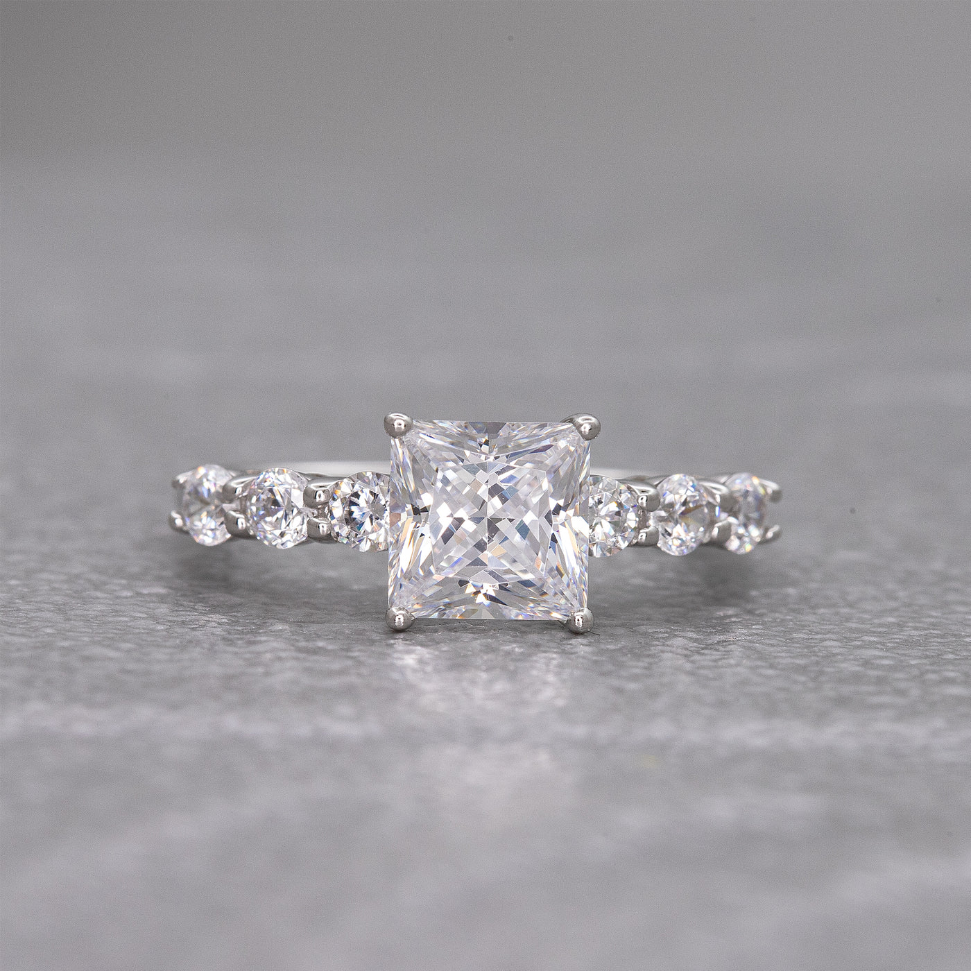 1.50ct Princess Cut Simulated Diamond Engagement Ring | Round Prong Side Stone Ring | Custom Gold Options