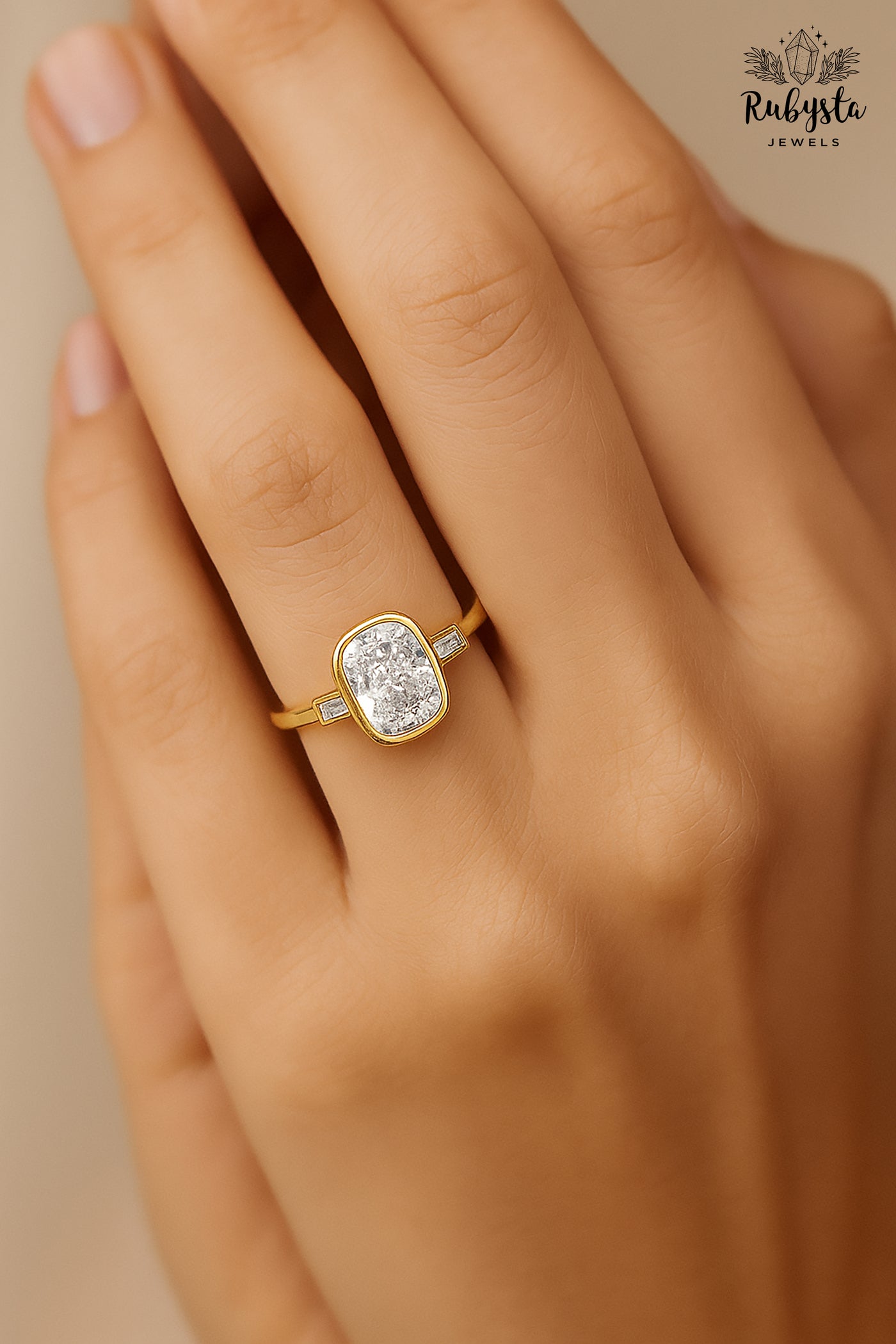 2.00ct Cushion Diamond Bezel Set Ring | Rose Gold Tapered Baguette Engagement Ring | Modern Minimalist Bridal Ring | Custom Fine Jewelry