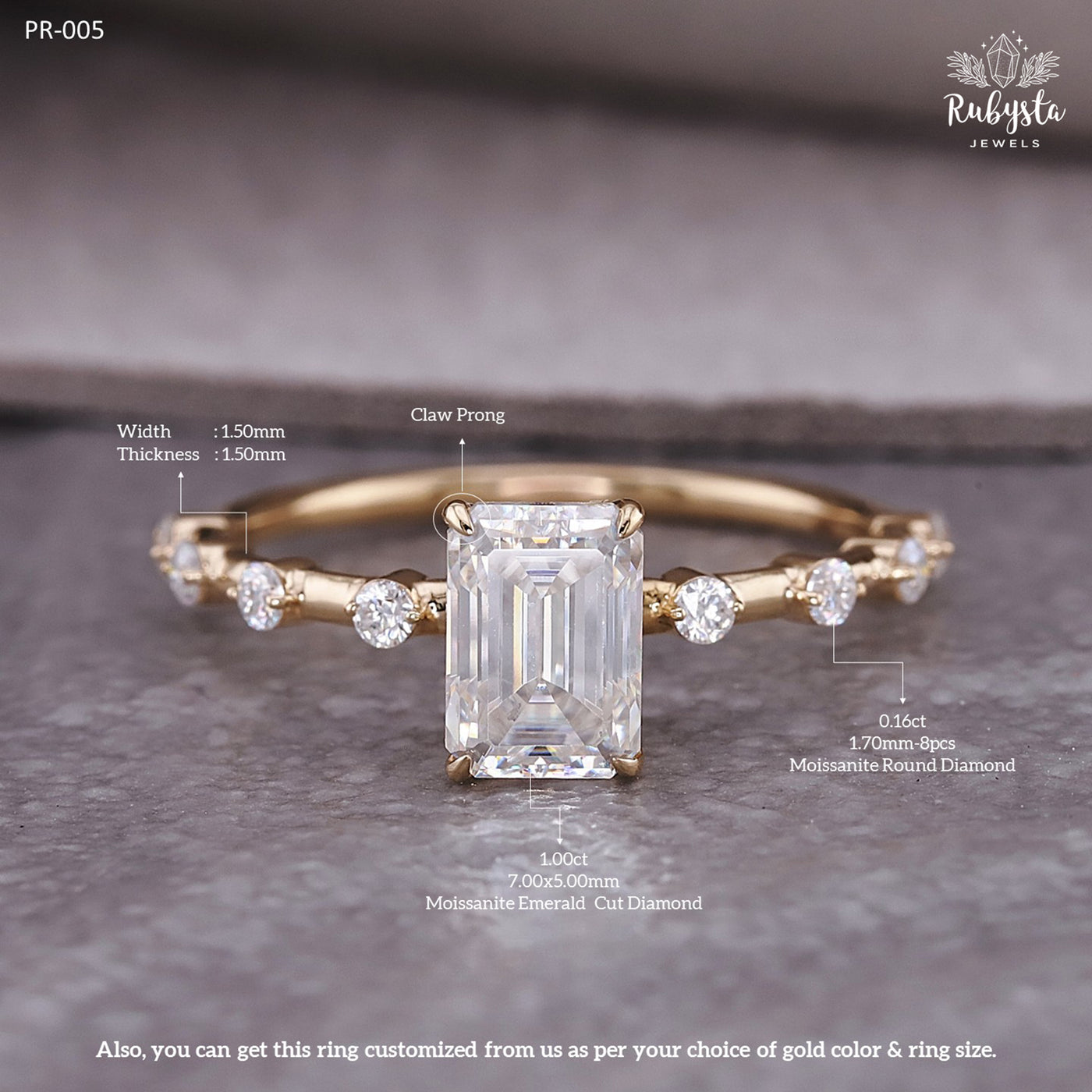 1.00ct Emerald Cut Moissanite Engagement Ring | Claw Prong Setting with Round Moissanite Accents