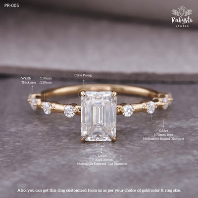 1.00ct Emerald Cut Moissanite Engagement Ring | Claw Prong Setting with Round Moissanite Accents