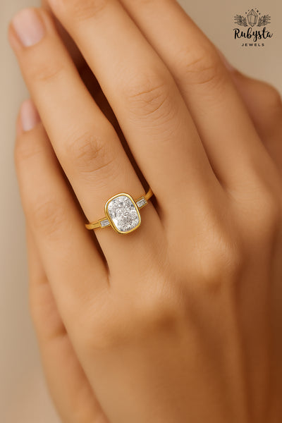 2.00ct Cushion Diamond Bezel Set Ring | Rose Gold Tapered Baguette Engagement Ring | Modern Minimalist Bridal Ring | Custom Fine Jewelry