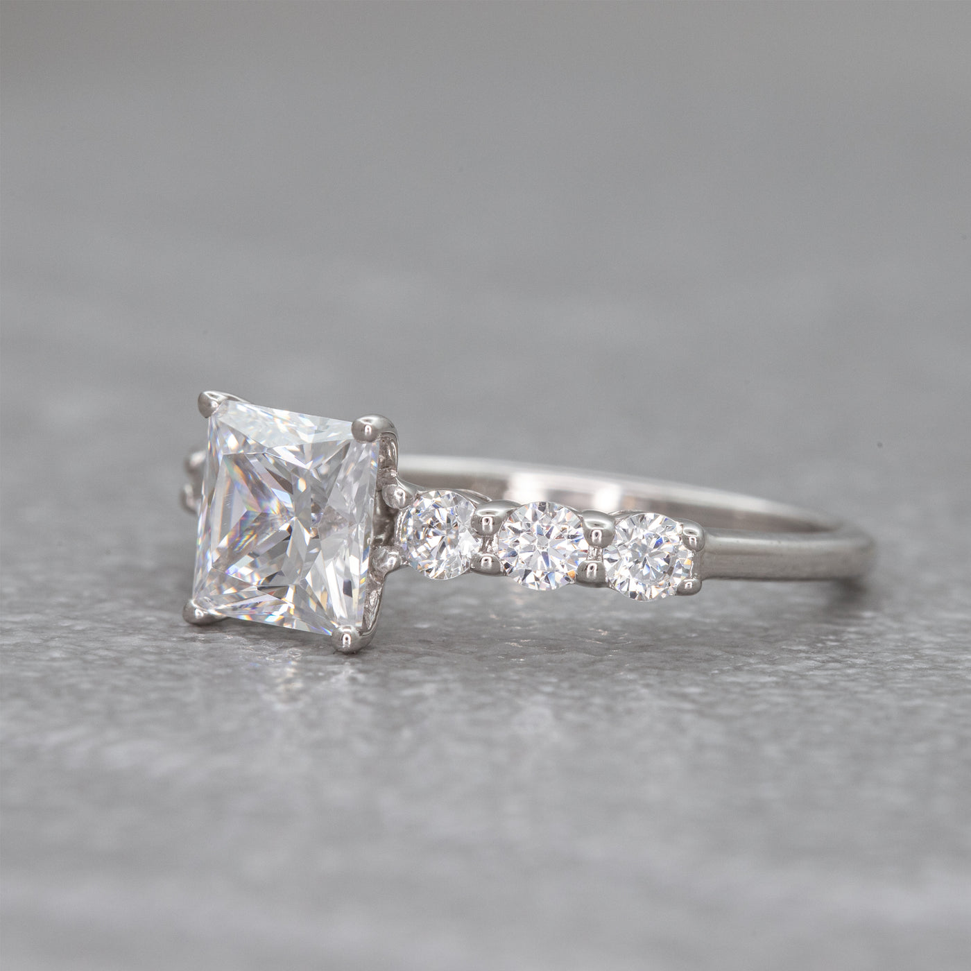 1.50ct Princess Cut Simulated Diamond Engagement Ring | Round Prong Side Stone Ring | Custom Gold Options