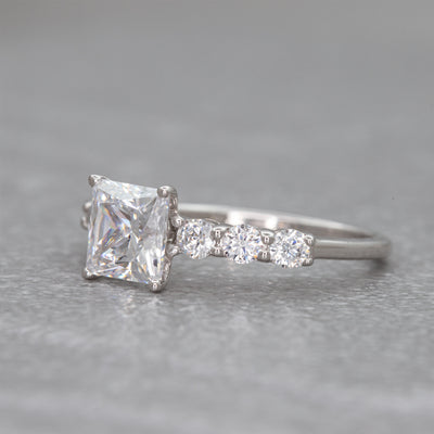 1.50ct Princess Cut Simulated Diamond Engagement Ring | Round Prong Side Stone Ring | Custom Gold Options