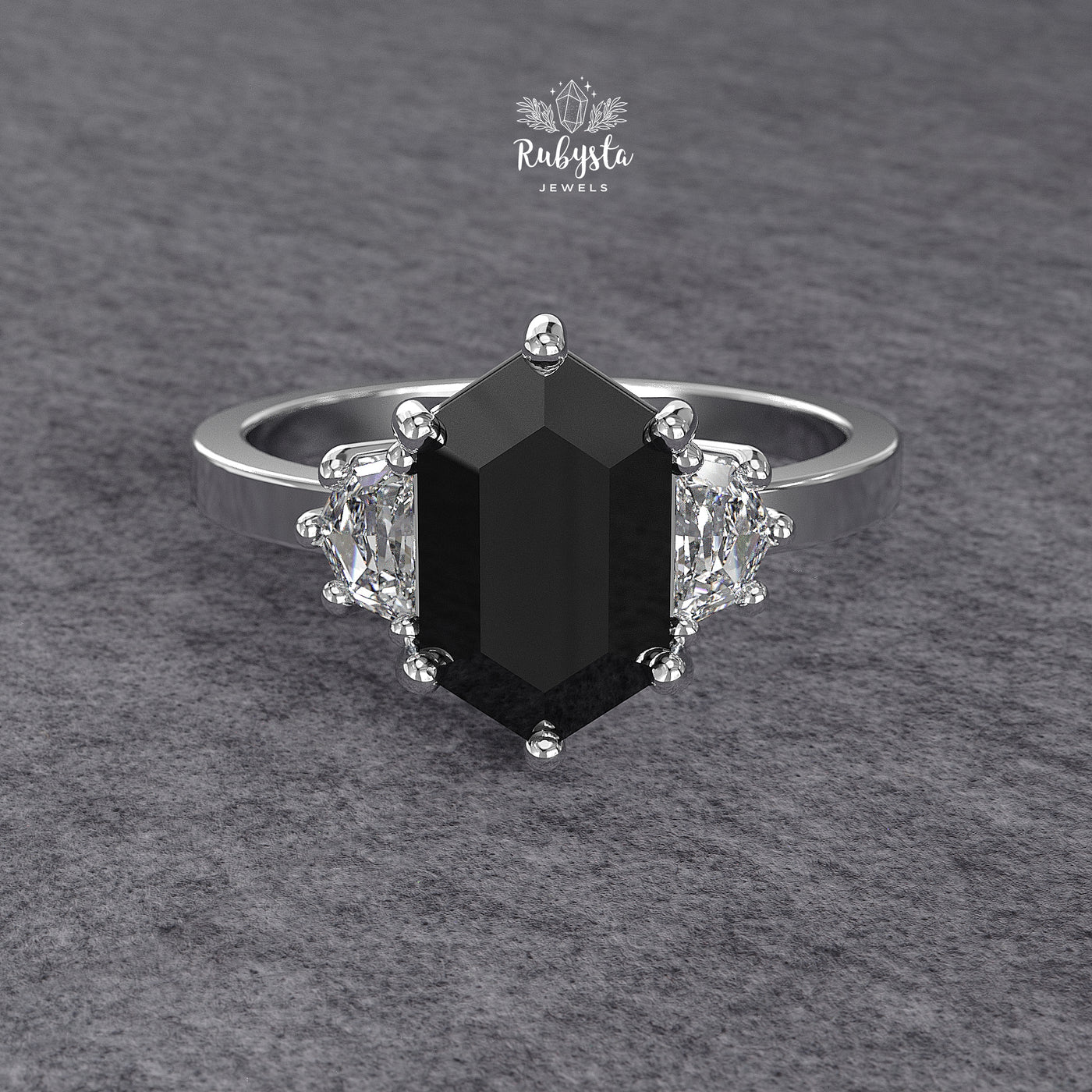 Hexagon Black Diamond Three-Stone Engagement Ring
