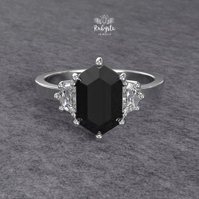 Hexagon Black Diamond Three-Stone Engagement Ring