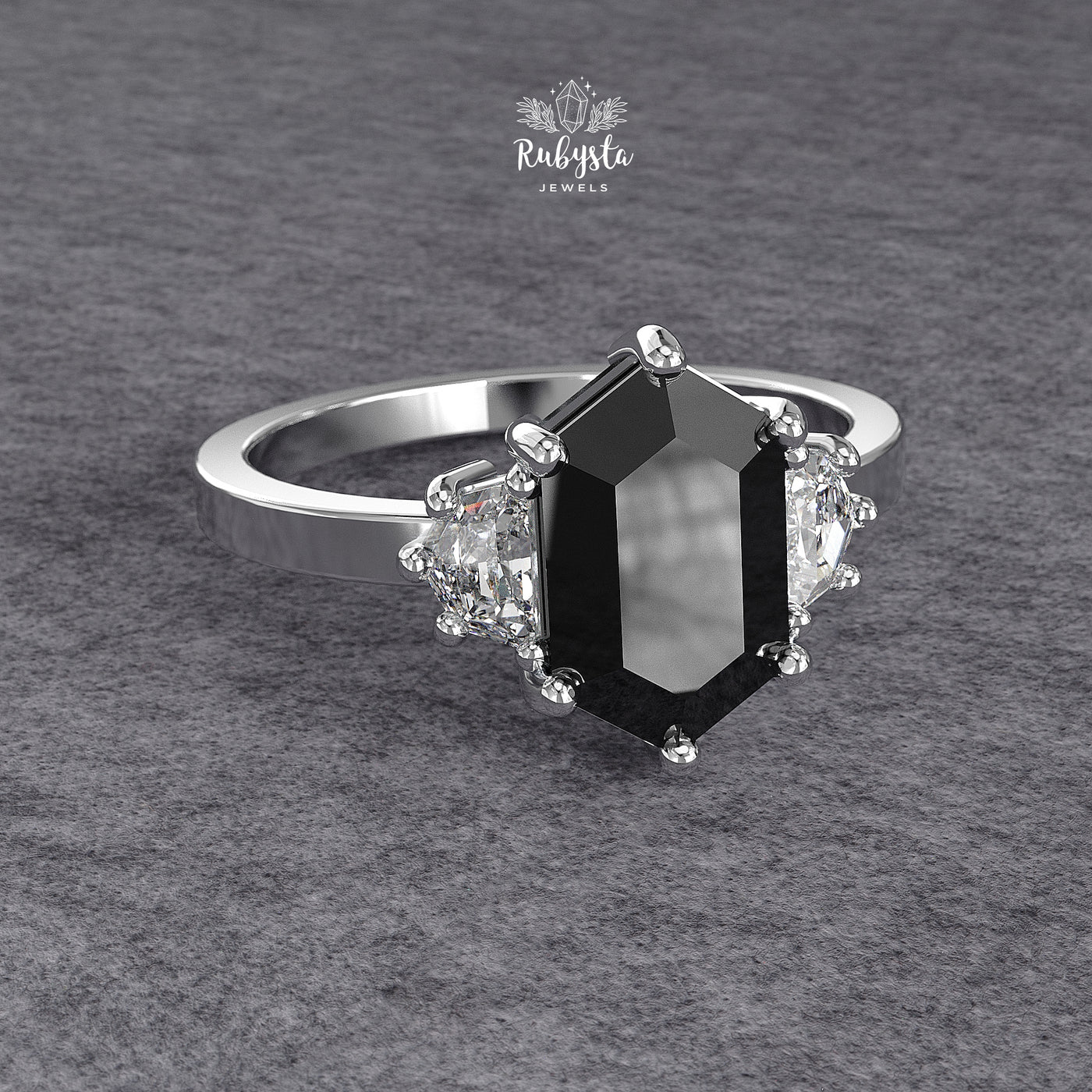 Hexagon Black Diamond Three-Stone Engagement Ring